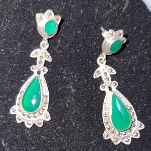 Sterling Silver Marqusite and Green Inlay Dangle  Post Earrings